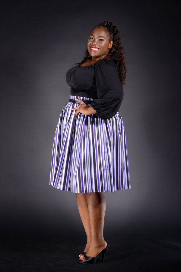 Pin Up Girl Bella Vintage Gathered Swing Skirt In Solstice Stripe Cotton Sateen | Pinup Couture