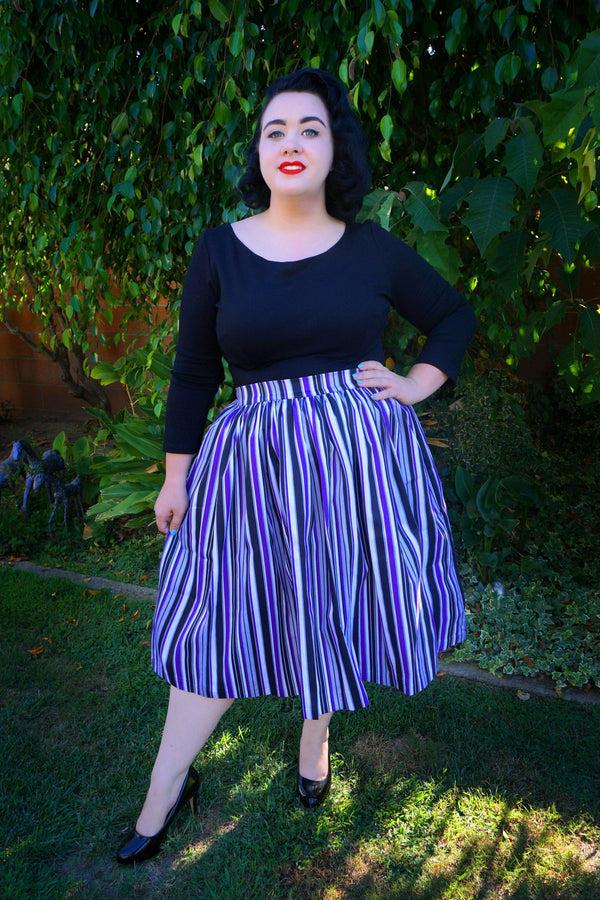 Pin Up Girl Bella Vintage Gathered Swing Skirt In Solstice Stripe Cotton Sateen | Pinup Couture