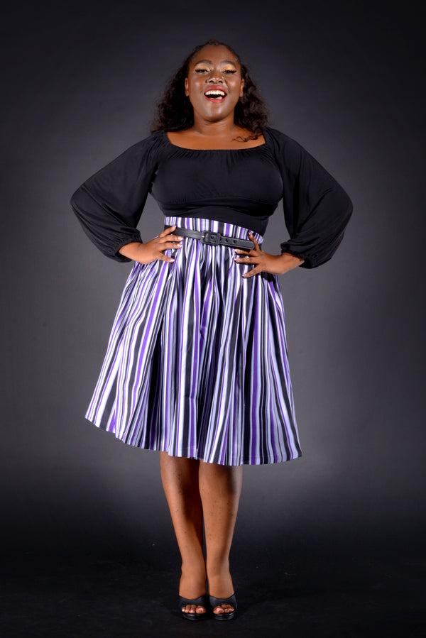 pin up girl Bella Vintage Gathered Swing Skirt in Solstice Stripe Cotton Sateen | Pinup Couture pin up girl Bella Vintage Gathered Swing Skirt in Solstice Stripe Cotton Sateen | Pinup Couture