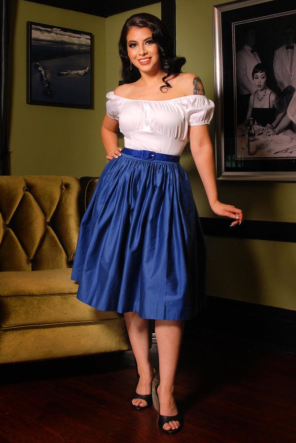 pin up girl Bella Vintage Gathered Swing Skirt with Pockets in Solid Royal Blue Sateen | Pinup Couture pin up girl Bella Vintage Gathered Swing Skirt with Pockets in Solid Royal Blue Sateen | Pinup Couture