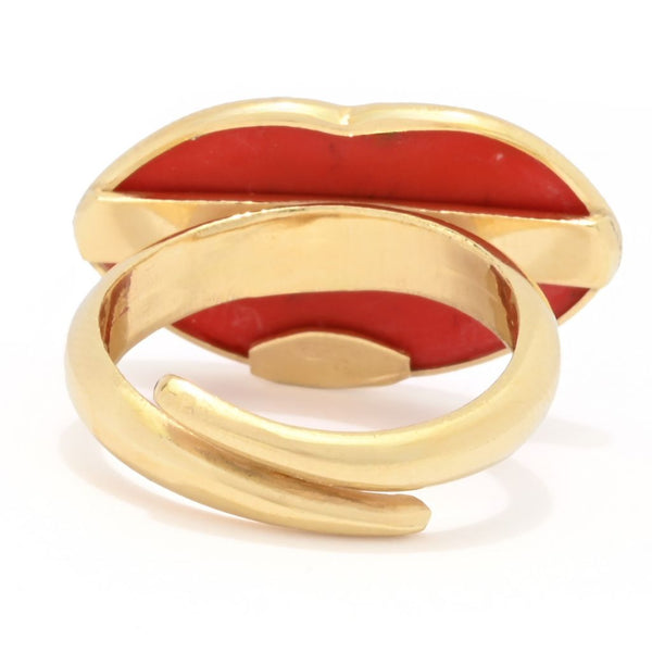Pin Up Girl Bello Italiano 18K Gold Plated "Rossetto" Red Coral Lips Ring