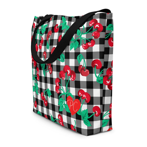 Pin Up Girl Bethany Cherry Girl Black Gingham Print Oversized Tote Bag | Pinup Couture Relaxed