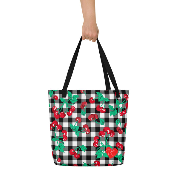 Pin Up Girl Bethany Cherry Girl Black Gingham Print Oversized Tote Bag | Pinup Couture Relaxed