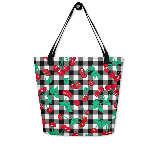 pin up girl Bethany Cherry Girl Black Gingham Print Oversized Tote Bag | Pinup Couture Relaxed
