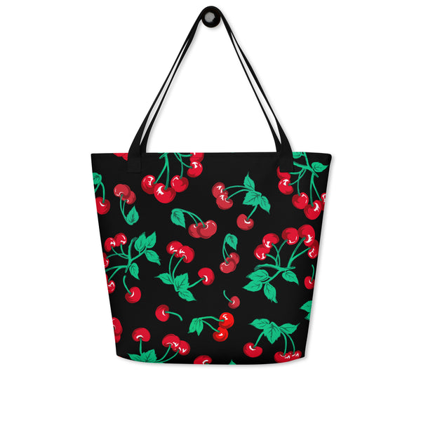 pin up girl Bethany Cherry Girl Black Oversized Tote Bag | Pinup Couture Relaxed