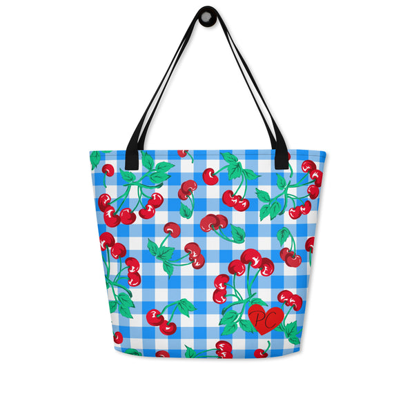 Pin Up Girl Bethany Cherry Girl Blue Gingham Print Oversized Tote Bag | Pinup Couture Relaxed