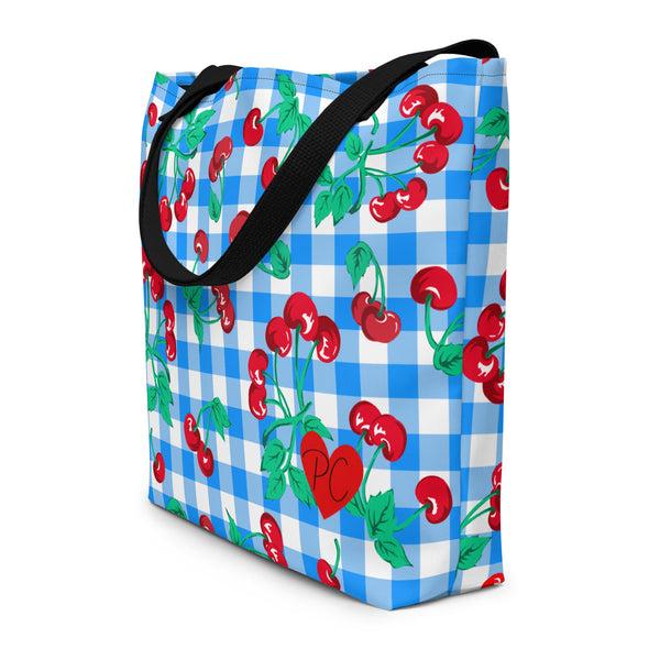 Pin Up Girl Bethany Cherry Girl Blue Gingham Print Oversized Tote Bag | Pinup Couture Relaxed