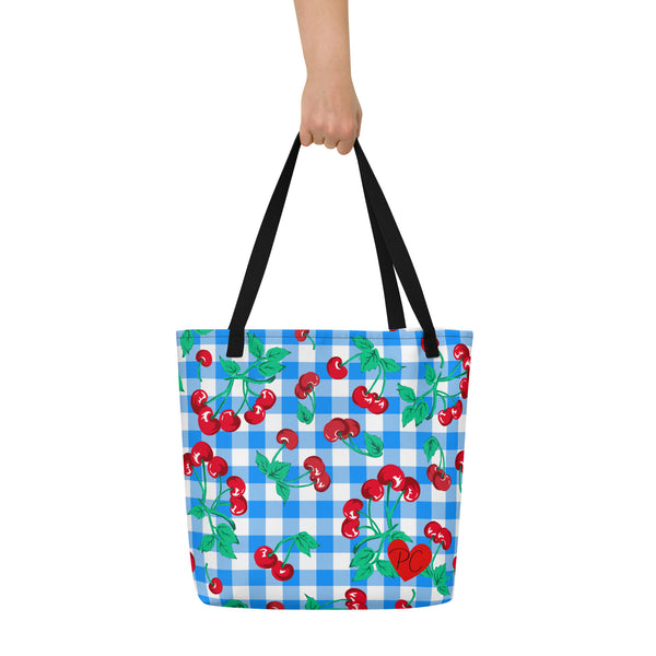 Pin Up Girl Bethany Cherry Girl Blue Gingham Print Oversized Tote Bag | Pinup Couture Relaxed