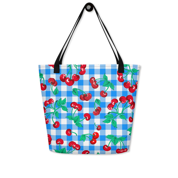 pin up girl Bethany Cherry Girl Blue Gingham Print Oversized Tote Bag | Pinup Couture Relaxed