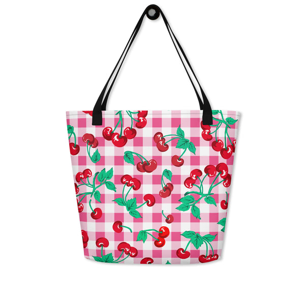 pin up girl Bethany Cherry Girl Pink Gingham Oversized Tote Bag | Pinup Couture Relaxed