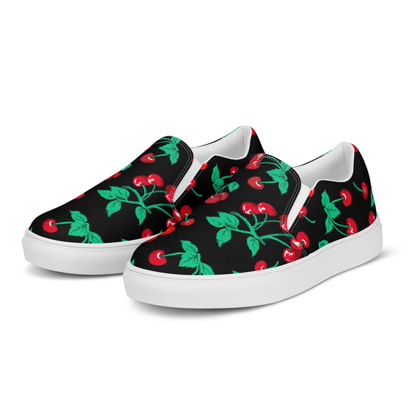 Pin Up Girl Black Coffee Cherry Girl Print Women’s Canvas Slip-On Deck Shoes | Pinup Couture Relaxed