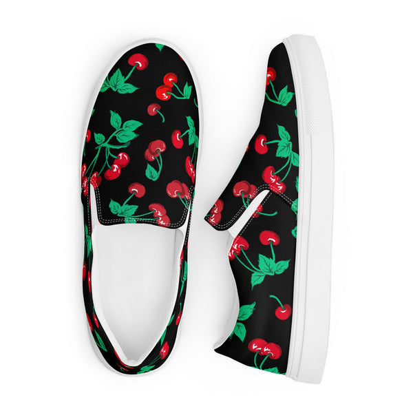 Pin Up Girl Black Coffee Cherry Girl Print Women’s Canvas Slip-On Deck Shoes | Pinup Couture Relaxed