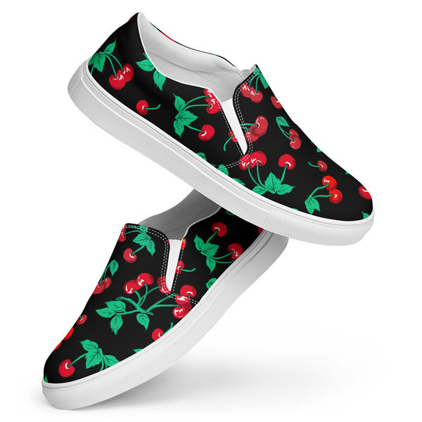 pin up girl Black Coffee Cherry Girl Print Women’s Canvas Slip-On Deck Shoes | Pinup Couture Relaxed