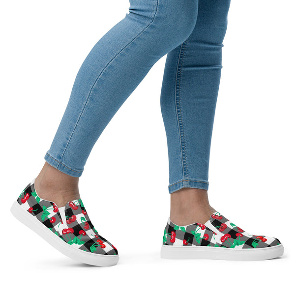 Pin Up Girl Black Gingham Cherry Girl Women’s Canvas Slip-On Deck Shoes | Pinup Couture Relaxed