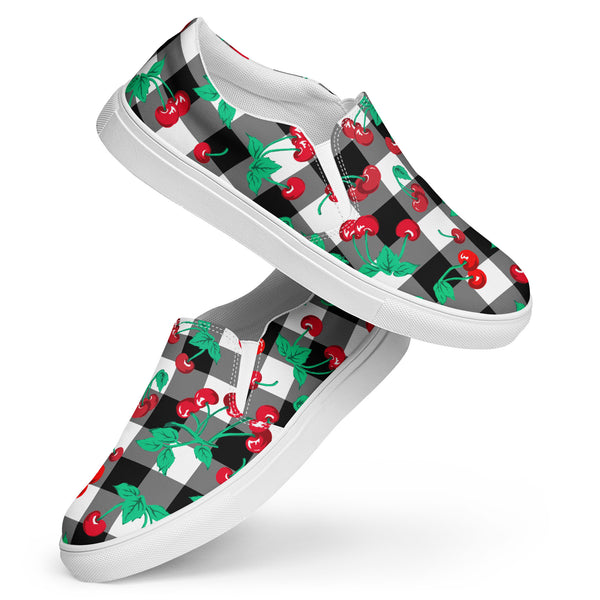 pin up girl Black Gingham Cherry Girl Women’s Canvas Slip-On Deck Shoes | Pinup Couture Relaxed