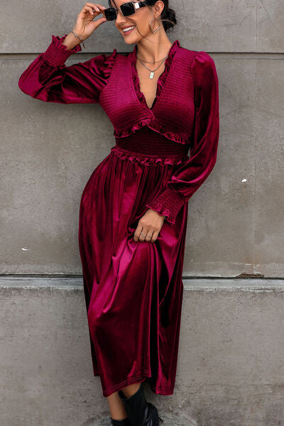 Pin Up Girl Blair Smocked Lantern Sleeve Midi Dress In Deep Rose