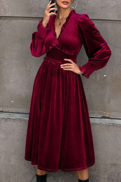 Pin Up Girl Blair Smocked Lantern Sleeve Midi Dress In Deep Rose