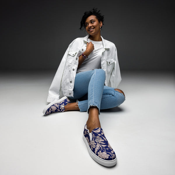 Pin Up Girl Blue Capri Floral Women’s Canvas Slip-On Flat Deck Shoe | Pinup Couture Relaxed