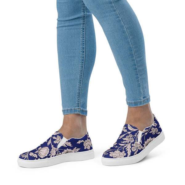 pin up girl Blue Capri Floral Women’s Canvas Slip-On Flat Deck Shoe | Pinup Couture Relaxed