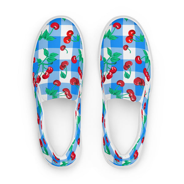 Pin Up Girl Blue Gingham Cherry Girl Women’s Canvas Slip-On Deck Shoes | Pinup Couture Relaxed