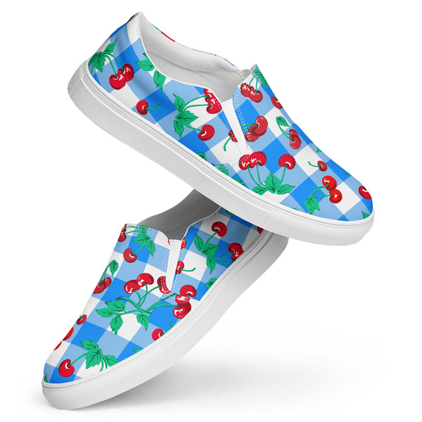 pin up girl Blue Gingham Cherry Girl Women’s Canvas Slip-On Deck Shoes | Pinup Couture Relaxed