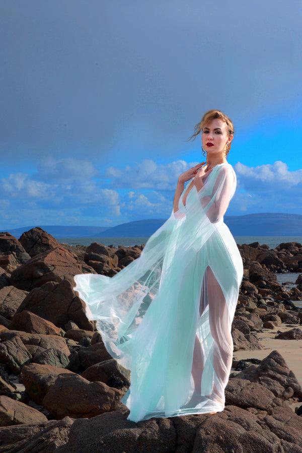 Pin Up Girl Bombshell Plunge Maxi Gown In Aqua Mint With Sheer Mesh Sleeves | Gothic Glamour