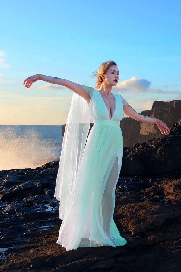 Pin Up Girl Bombshell Plunge Maxi Gown In Aqua Mint With Sheer Mesh Sleeves | Gothic Glamour