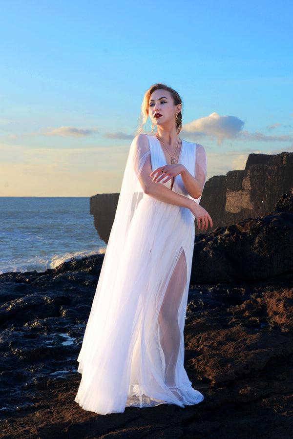 Pin Up Girl Bombshell Plunge Maxi Gown In Wedding White With Sheer Mesh Sleeves | Gothic Glamour