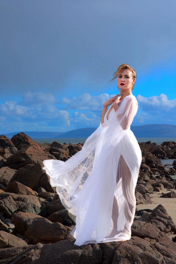 Pin Up Girl Bombshell Plunge Maxi Gown In Wedding White With Sheer Mesh Sleeves | Gothic Glamour