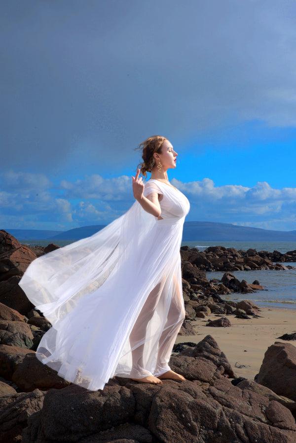 pin up girl Bombshell Plunge Maxi Gown in Wedding White with Sheer Mesh Sleeves | Gothic Glamour