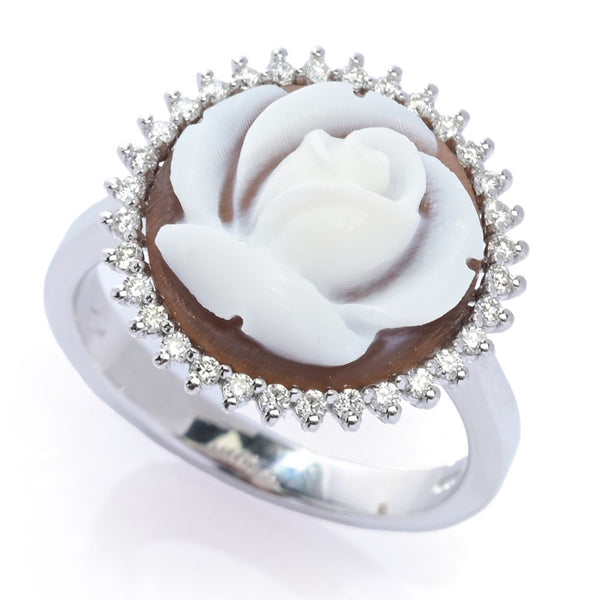 pin up girl Cameo Italiano 14K White Gold Flower Shell Cameo & Diamond Ring