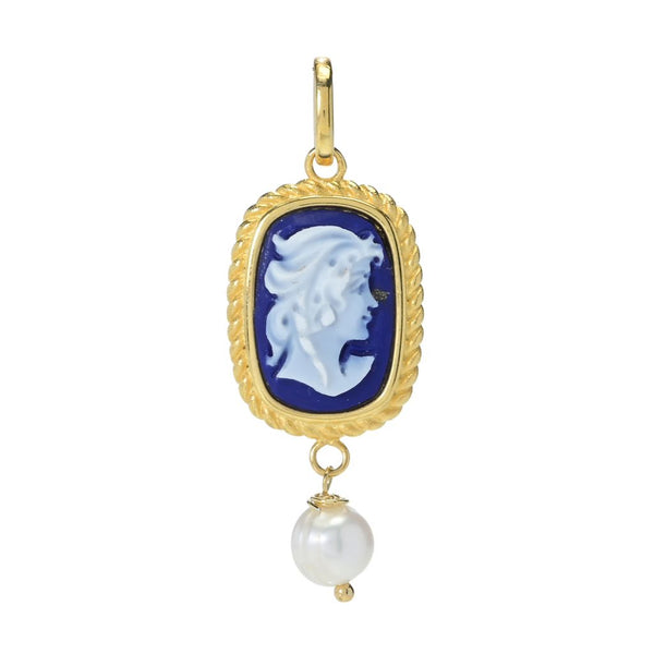 pin up girl Cameo Italiano 18K Gold Plated "Raffaello" Blue Agate & Cultured Pearl Pendant