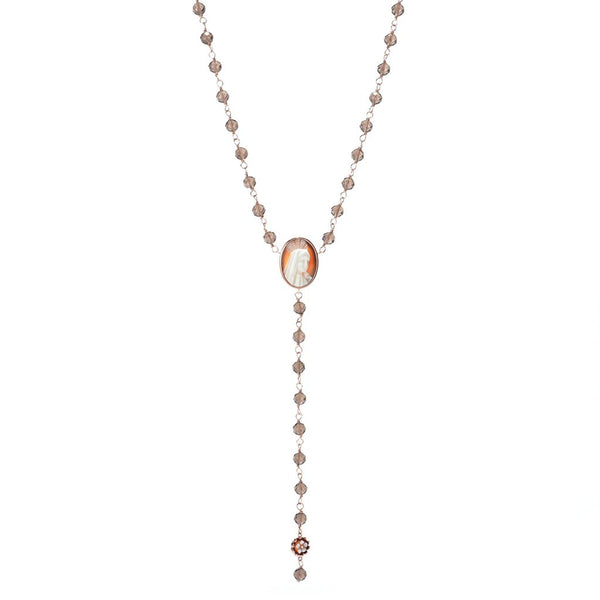 Pin Up Girl Cameo Italiano 18K Gold Plated "Sacred" Cameo & Smoky Quartz Rosary Necklace