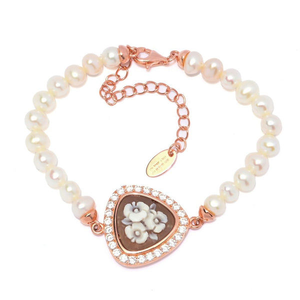 pin up girl Cameo Italiano "Ballet" Flowers Shell Cameo & Cultured Pearl Bracelet