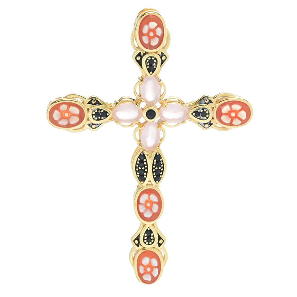 pin up girl Cameo Italiano "Sacred" Floral Shell Cameo & Simulated Gem Cross Pendant
