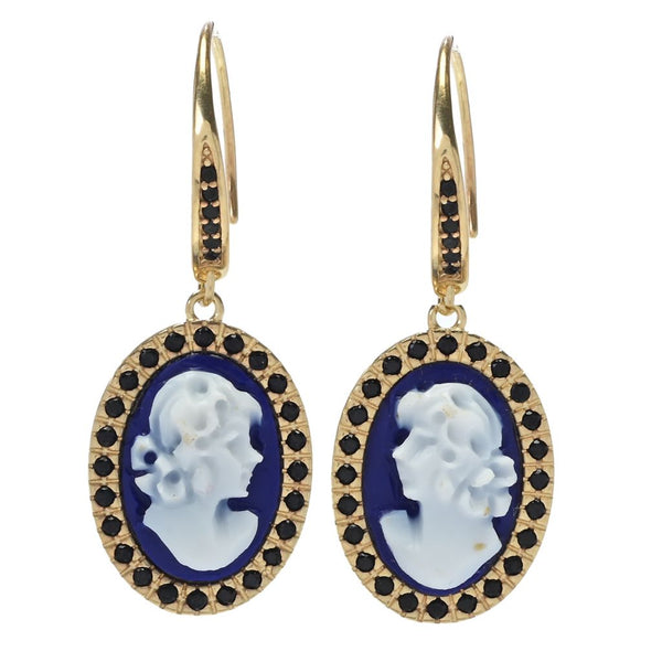 pin up girl Cameo Italiano "Sunrise" Blue Agate Cameo & Simulated Diamond Drop Earrings