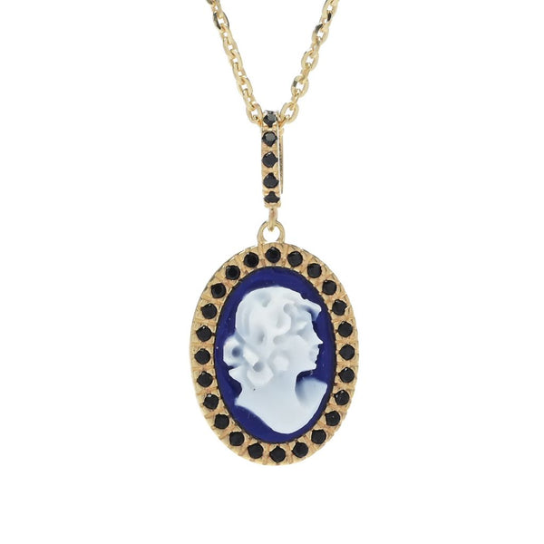 pin up girl Cameo Italiano "Sunrise" Blue Agate Cameo & Simulated Diamond Pendant w/ Chain