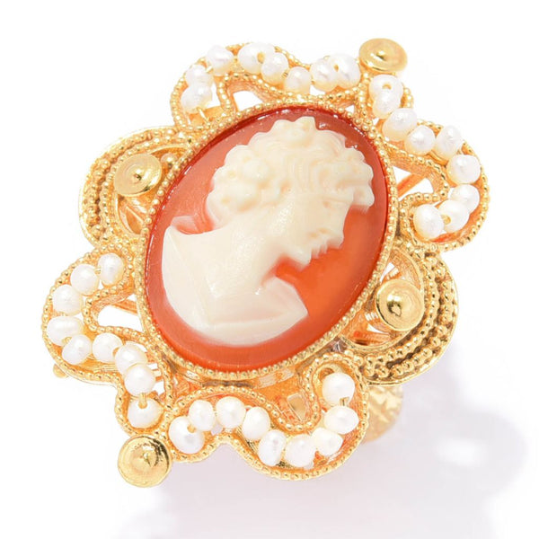 Pin Up Girl Cameo Italiano "Victoria" 18x13mm Portrait Cameo & Cultured Pearl Milgrain Ring