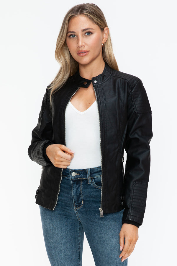 pin up girl Cecilia Snobbish Faux Leather Biker Jacket with Side Zip Pockets | Poundton