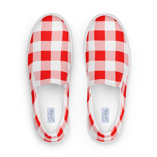 Pin Up Girl Cherry Red Vintage Gingham Women’s Canvas Slip-On Flat Deck Shoe | Dorothy Shoes