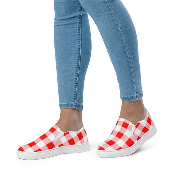 Pin Up Girl Cherry Red Vintage Gingham Women’s Canvas Slip-On Flat Deck Shoe | Dorothy Shoes