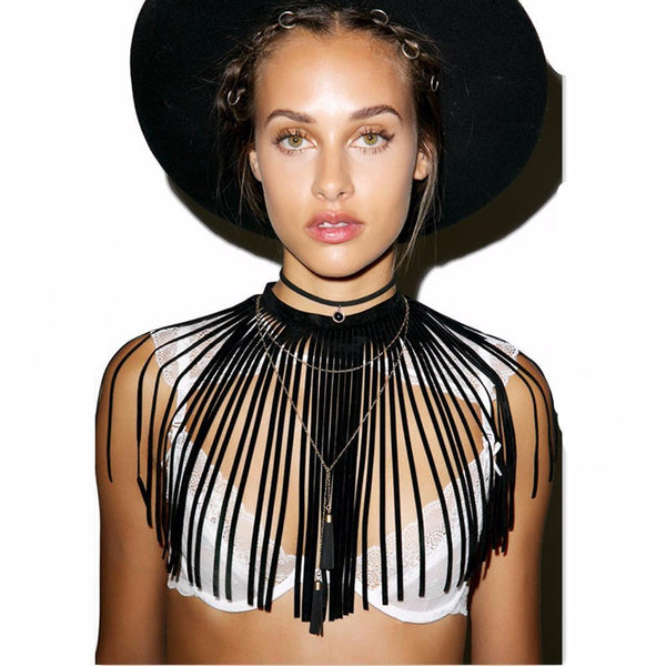 pin up girl Cope Faux Leather Fringe Choker Collar Necklace | Marigold Shadows