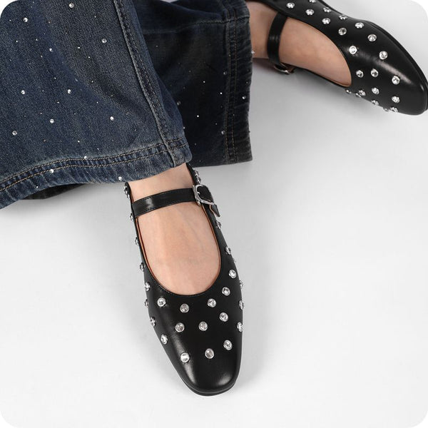 Pin Up Girl Crystal Studded Mary Janes Flats | 2 Colors | Poundton