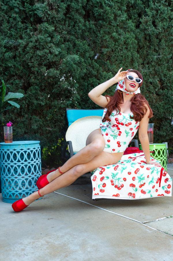 Pin Up Girl Cyndi Antique Ivory Cherry Girl Bandana Scarf | Pinup Couture Relaxed