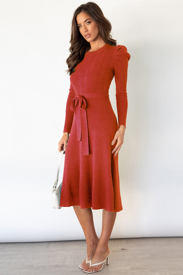 Pin Up Girl Daniela Round Neck Long Sleeve Tie Waist Sweater Dress | 5 Colors | Poundton