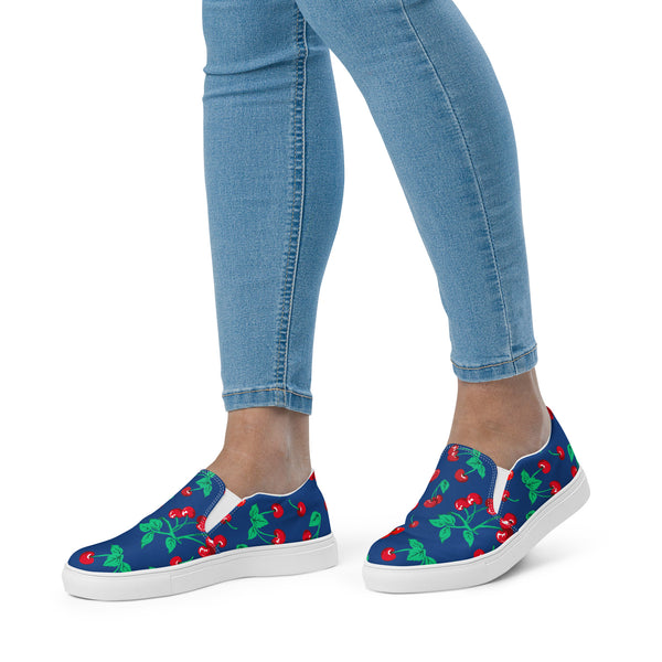 Pin Up Girl Dark Blue Cherry Girl Cherry Print Women’s Canvas Slip-On Deck Shoes | Pinup Couture Relaxed