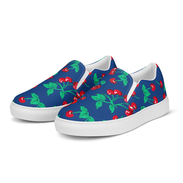 Pin Up Girl Dark Blue Cherry Girl Cherry Print Women’s Canvas Slip-On Deck Shoes | Pinup Couture Relaxed