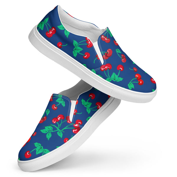 pin up girl Dark Blue Cherry Girl Cherry Print Women’s Canvas Slip-On Deck Shoes | Pinup Couture Relaxed