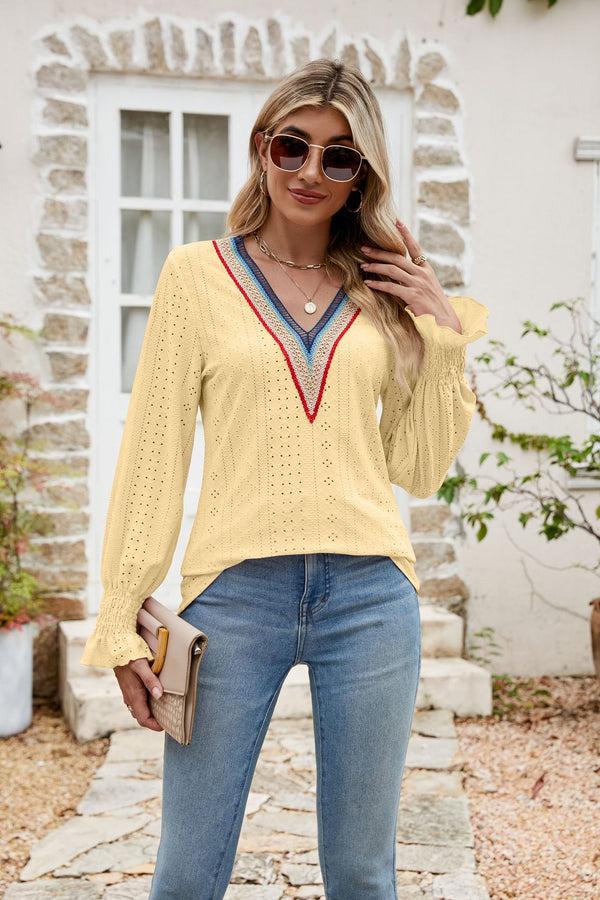 pin up girl Double Rainbow V-Neck Boho Long Sleeve Knit Blouse | 7 Colors