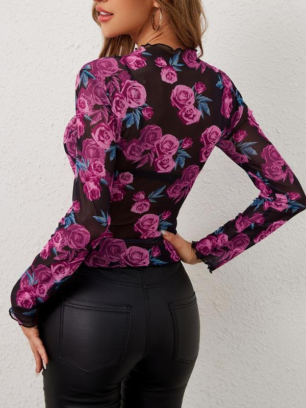 Pin Up Girl Dreaming Nights Floral Mock Neck Long Sleeve Top | Poundton
